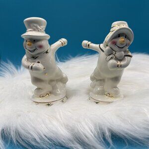 Vintage Holly Holiday Porcelain Ice Skating Snowman Salt & Pepper Set